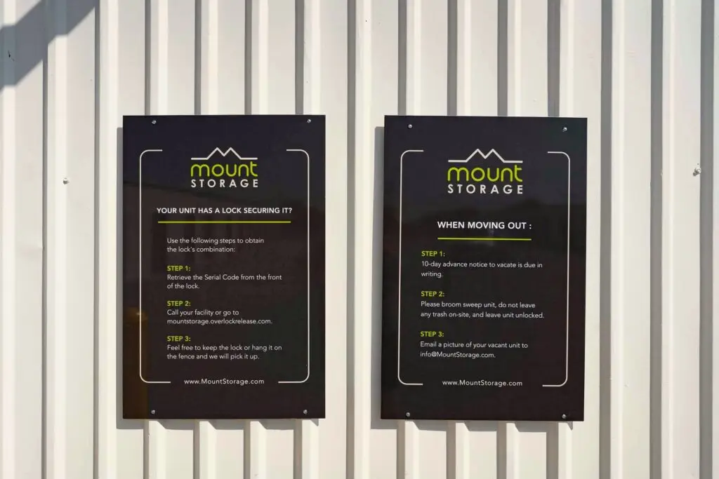 Lock and move-out instruction signs at Mount Storage Early